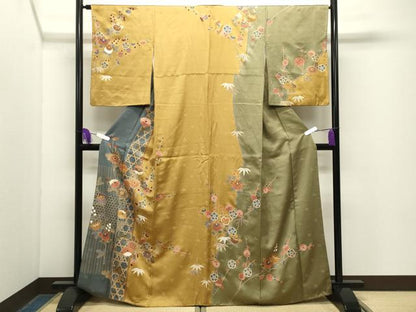 平和屋着物●訪問着　駒刺繍　籠目枝花文　金彩　正絹　逸品　CABG4749gh