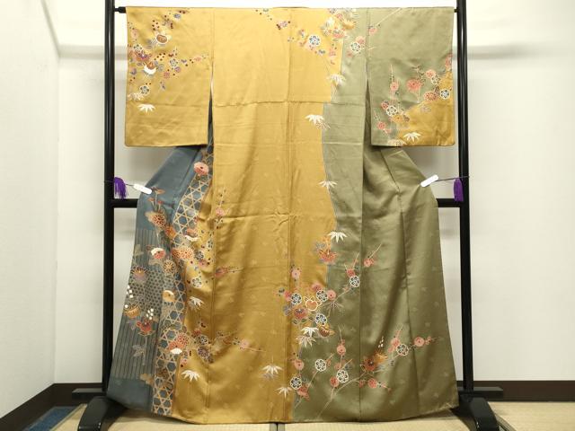 平和屋着物●訪問着　駒刺繍　籠目枝花文　金彩　正絹　逸品　CABG4749gh