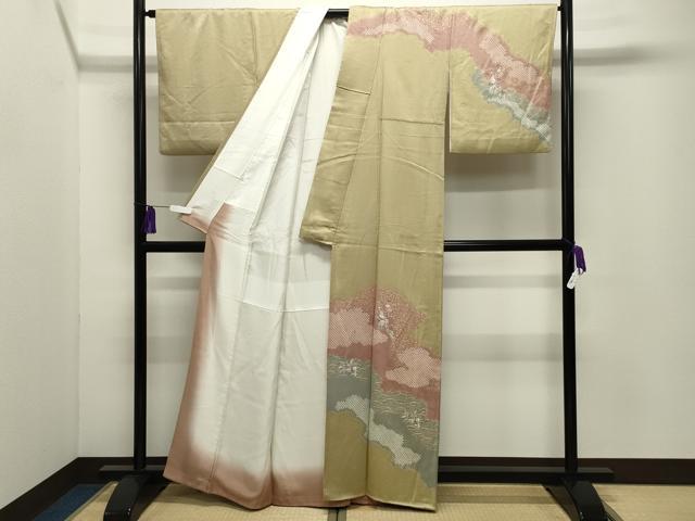 平和屋着物●訪問着　駒刺繍　絞り　雲重ね花唐草文　金彩　正絹　逸品　CABG4756gh