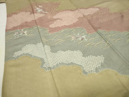 平和屋着物●訪問着　駒刺繍　絞り　雲重ね花唐草文　金彩　正絹　逸品　CABG4756gh