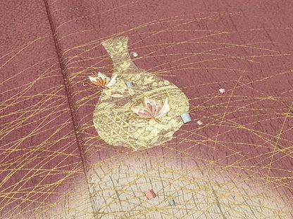 平和屋着物●訪問着　駒刺繍　花瓶花蝶文　暈し染め　金彩　正絹　逸品　CABG4763gh