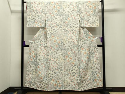 平和屋着物●上質な小紋　切嵌花蝶文　鬼しぼ縮緬　正絹　逸品　CABG4764gh