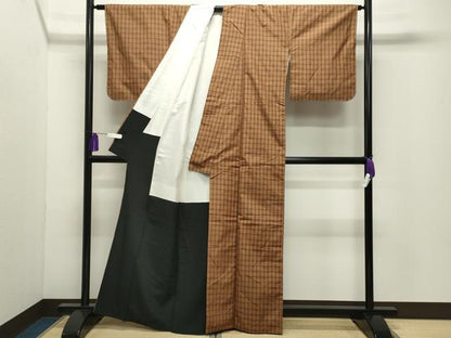 平和屋着物●上質な紬　格子柄　正絹　逸品　CABG4793gh