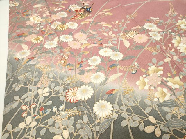 平和屋着物●訪問着　駒刺繍　舞蝶花文　暈し染め　金彩　正絹　逸品　CABG4798gh