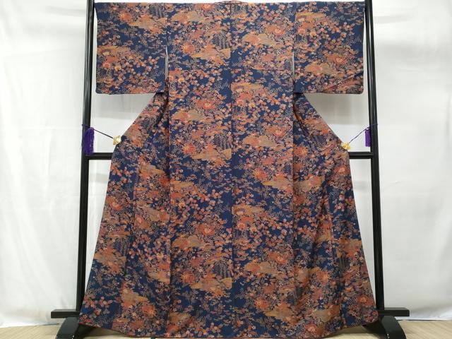 平和屋着物●上質な小紋　本藍　型染め　風景草花文　正絹　逸品　CABD0173ut 平和屋着物＊夏物 小紋 藍 型染め 絽 流水草花文 洗える着物 CABF2665tx