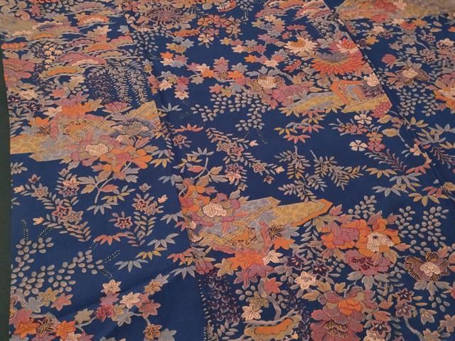 平和屋着物▽上質な小紋　単衣　本藍　型絵染　風景草花文　正絹　逸品　CAAV8868gh 平和屋着物□上質な小紋 型染め 流水風景文 松竹梅 鬼しぼ縮緬 正絹