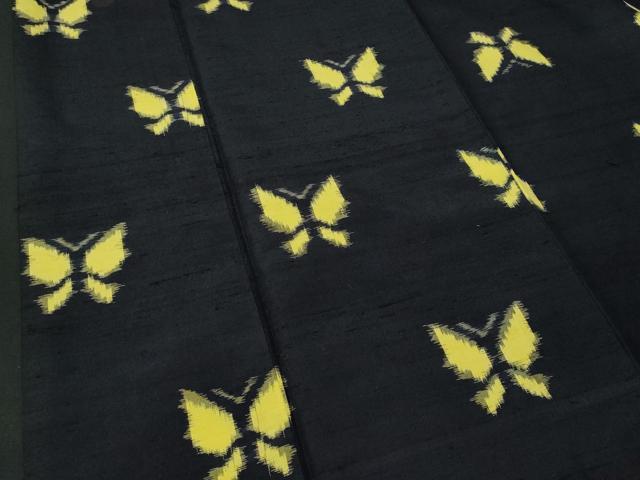 平和屋着物▽上質な紬　単衣　舞蝶文　黒地　正絹　逸品　AAAV8463fy 平和屋着物□上質な紬 舞蝶文 正絹 逸品 CABG4849fb