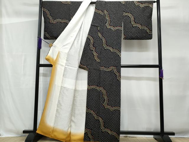 平和屋着物■上質な小紋 絞り 雲取り文 黒地 正絹 逸品 CABG4881fb
