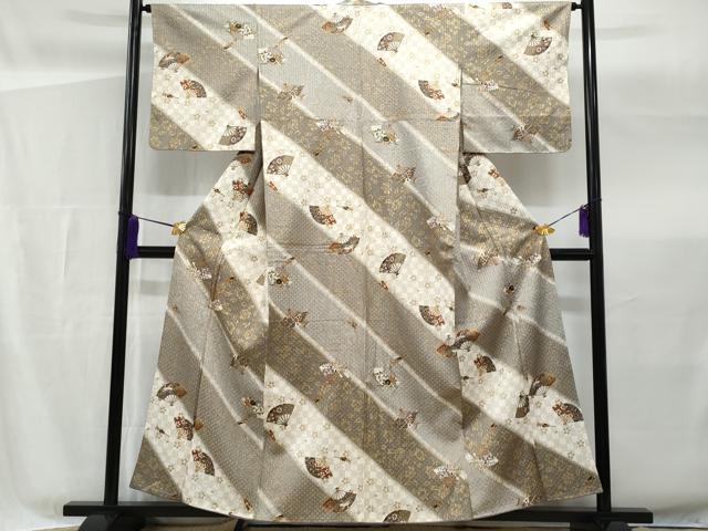 平和屋着物■上質な小紋 ふくれ織 扇面草花文 暈し染め 金彩 正絹 逸品 未使用 CABG4973fb
