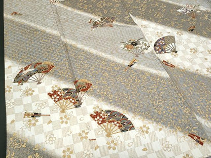 平和屋着物■上質な小紋 ふくれ織 扇面草花文 暈し染め 金彩 正絹 逸品 未使用 CABG4973fb