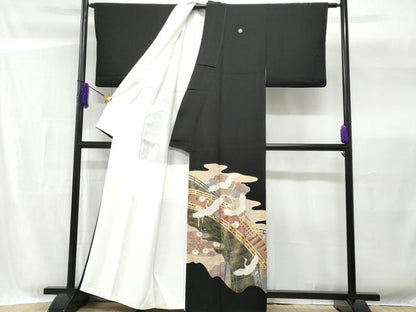 平和屋着物■豪華黒留袖 渡り橋立波飛鶴花文 金彩 正絹 逸品 CABG4978fb