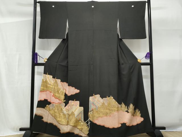 平和屋着物■豪華黒留袖 駒刺繍 絞り 雲取り御所車枝花文 金彩 正絹 逸品 CABG4980fb