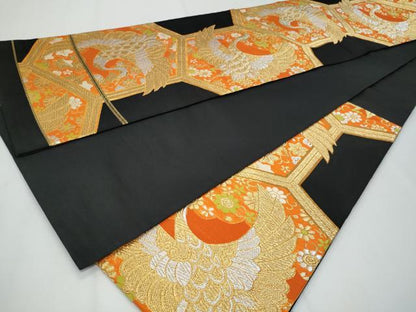 平和屋着物◎六通柄袋帯 唐織 亀甲飛鶴花文 黒地 金銀糸 正絹 逸品 CABG4982fb