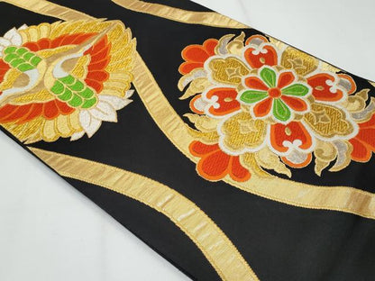 平和屋着物◎六通柄袋帯　唐織　立涌双鶴正倉院花文　黒地　金銀糸　正絹　逸品　未使用　CABG4984fb