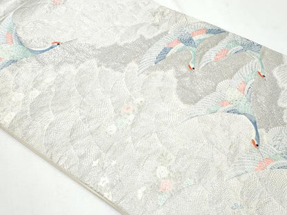 平和屋着物◎六通柄袋帯　唐織　立波飛鶴花文　銀糸　正絹　逸品　CABG5003fb