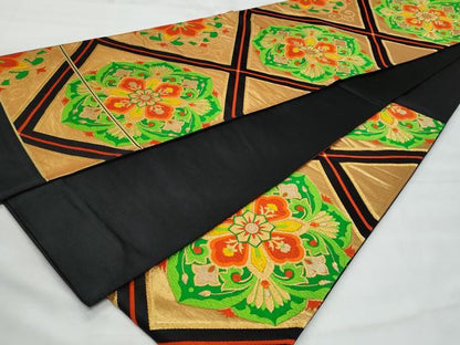 平和屋着物◎西陣　六通柄袋帯　唐織　正倉院花文　黒地　金糸　正絹　逸品　CABG5014fb