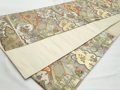 平和屋着物◎六通柄袋帯　唐織　雲取り人物花文　金糸　正絹　逸品　CABG5019fb