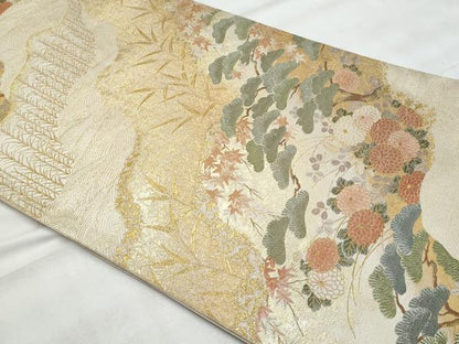 平和屋着物◎伝統工芸士 平田藤三郎 六通柄袋帯 道長立波花松文 金糸 正絹 逸品 CABG5028fb