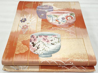 平和屋着物◎六通柄袋帯　唐織　陶器草花文　金糸　正絹　逸品　CABG5045fb