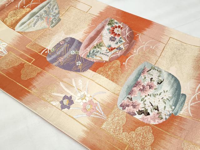 平和屋着物◎六通柄袋帯　唐織　陶器草花文　金糸　正絹　逸品　CABG5045fb