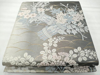 平和屋着物◎六通柄袋帯　芝草枝花文　金銀糸　正絹　逸品　CABG5048fb