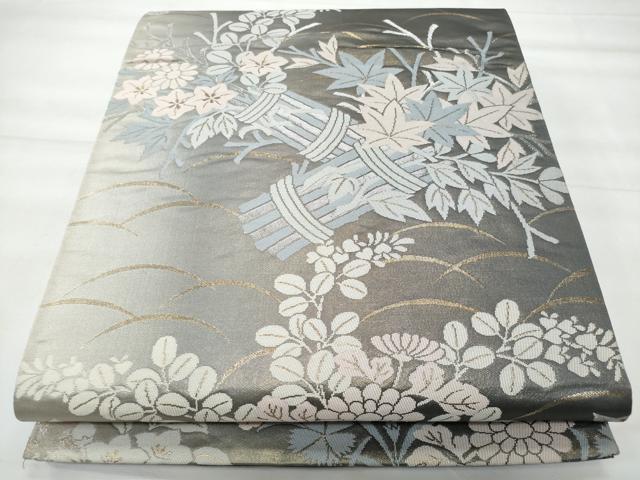 平和屋着物◎六通柄袋帯　芝草枝花文　金銀糸　正絹　逸品　CABG5048fb