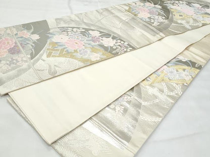 平和屋着物◎六通柄袋帯　京どんす　立波籬草花文　プラチナ箔二重織　正絹　逸品　CABG5053fb