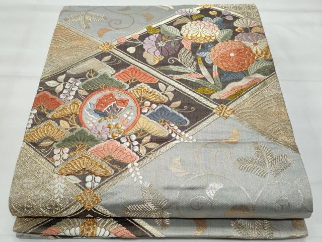 平和屋着物◎六通柄袋帯　菱草花文　金銀糸　正絹　逸品　CABG5060fb