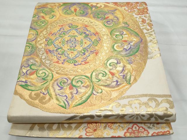 平和屋着物◎六通柄袋帯　絵皿花文　金銀糸　正絹　逸品　CABG5061fb