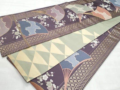 平和屋着物◎六通柄　本袋帯　唐織　割付献上に扇　金糸　正絹　逸品　CABG5067fb