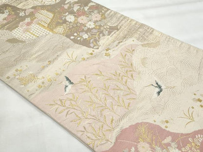 平和屋着物◎六通柄袋帯　風景花文　金銀糸　正絹　逸品　CABG5073fb