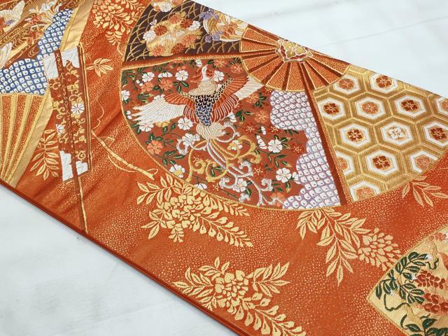 平和屋着物◎六通柄袋帯　唐織　春秋花扇紋　金糸　正絹　逸品　CABG5087fb