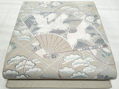 平和屋着物◎太鼓柄袋帯　綴れ　扇面立波飛鶴文　銀彩　正絹　逸品　CABG5093fb
