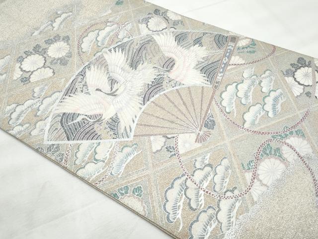 平和屋着物◎太鼓柄袋帯　綴れ　扇面立波飛鶴文　銀彩　正絹　逸品　CABG5093fb