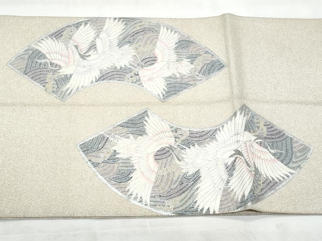 平和屋着物◎太鼓柄袋帯　綴れ　扇面立波飛鶴文　銀彩　正絹　逸品　CABG5093fb