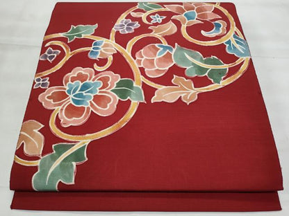 平和屋着物◎八寸名古屋帯　ろうけつ染　花唐草文　正絹　逸品　CABG5143fb