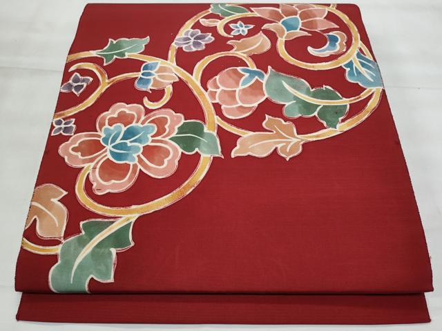 平和屋着物◎八寸名古屋帯　ろうけつ染　花唐草文　正絹　逸品　CABG5143fb
