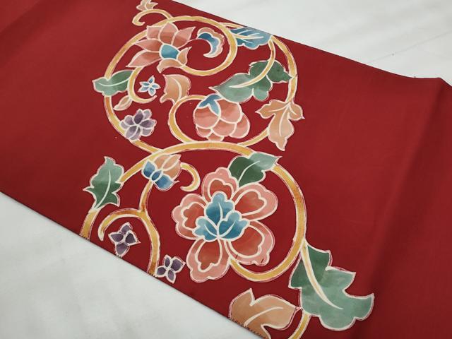 平和屋着物◎八寸名古屋帯　ろうけつ染　花唐草文　正絹　逸品　CABG5143fb