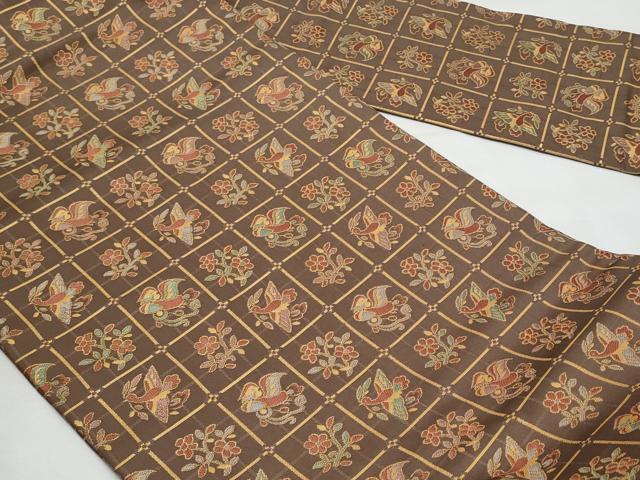 平和屋着物◎全通柄　九寸名古屋帯　市松花鳥文　正絹　逸品　CABG5144fb