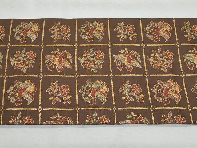 平和屋着物◎全通柄　九寸名古屋帯　市松花鳥文　正絹　逸品　CABG5144fb