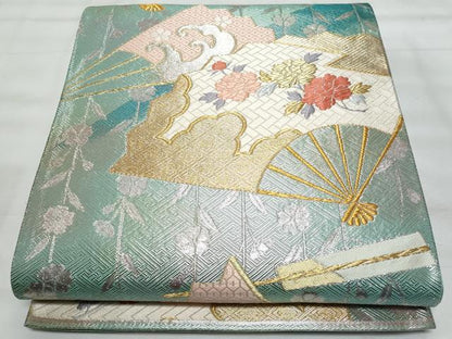 平和屋着物◎西陣　野々村織物謹製　六通柄袋帯　唐織　扇面花文　金銀糸　正絹　逸品　CABG5163fb