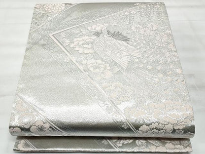 平和屋着物◎六通柄袋帯　孔雀花文　銀糸　正絹　逸品　CABG5170fb
