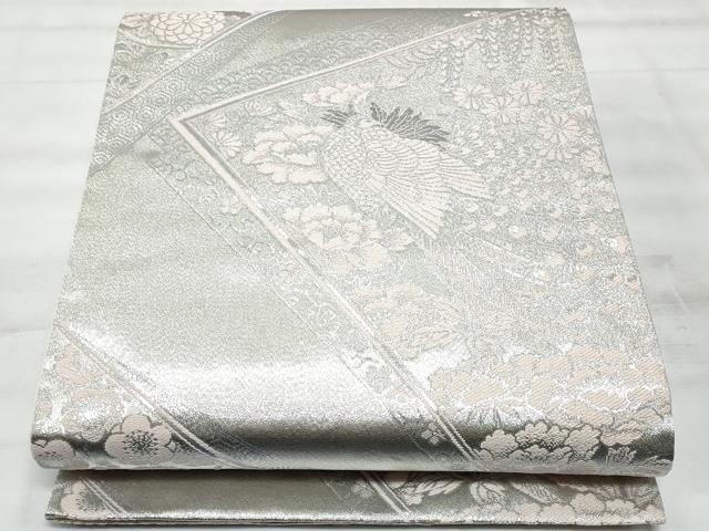 平和屋着物◎六通柄袋帯　孔雀花文　銀糸　正絹　逸品　CABG5170fb