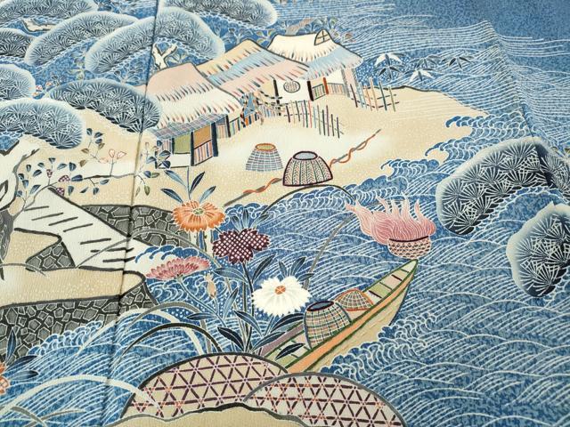 平和屋着物●訪問着　作家物　刺繍　飛鳥風景舟草花文　正絹　逸品　CABG5215ut