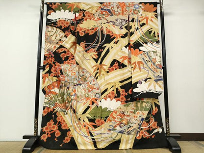 平和屋本店●アンティーク　大正ロマン　振袖　駒刺繍　檜扇松竹梅文　黒地　金彩　正絹　逸品　CABG5231ut