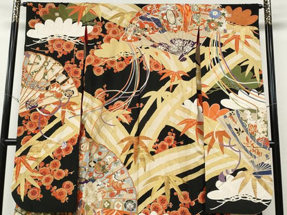 平和屋本店●アンティーク　大正ロマン　振袖　駒刺繍　檜扇松竹梅文　黒地　金彩　正絹　逸品　CABG5231ut
