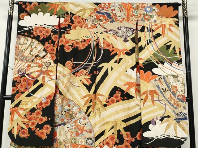 平和屋本店●アンティーク　大正ロマン　振袖　駒刺繍　檜扇松竹梅文　黒地　金彩　正絹　逸品　CABG5231ut