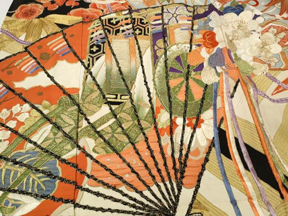 平和屋本店●アンティーク　大正ロマン　振袖　駒刺繍　檜扇松竹梅文　黒地　金彩　正絹　逸品　CABG5231ut