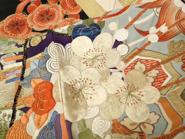 平和屋本店●アンティーク　大正ロマン　振袖　駒刺繍　檜扇松竹梅文　黒地　金彩　正絹　逸品　CABG5231ut
