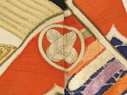 平和屋本店●アンティーク　大正ロマン　振袖　駒刺繍　檜扇松竹梅文　黒地　金彩　正絹　逸品　CABG5231ut